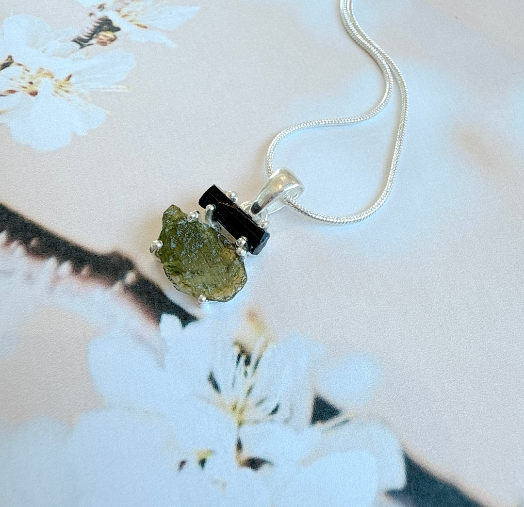 MOLDAVITE & BLACK TOURMALINE PENDANT