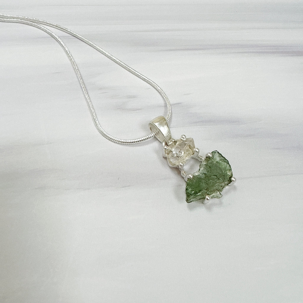 MOLDAVITE & HERKEMIER DIAMOND PENDANT