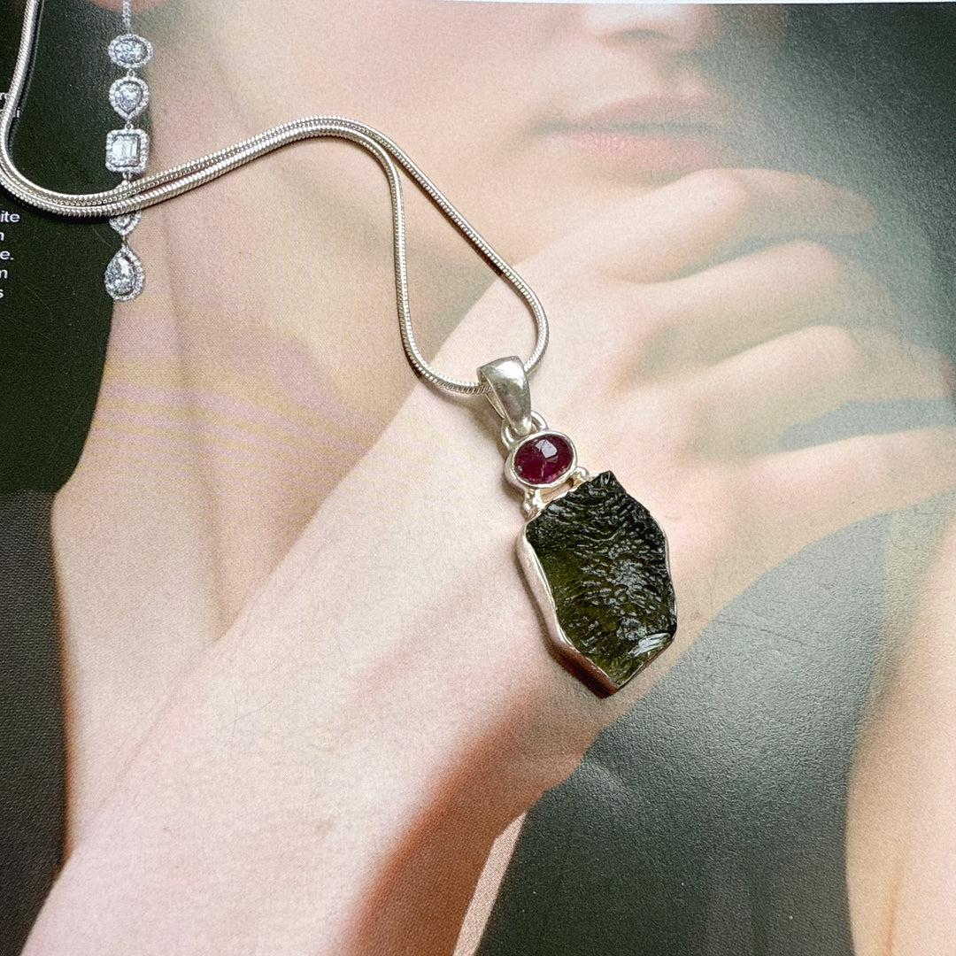 Moldavite & Pink Tourmaline Pendant