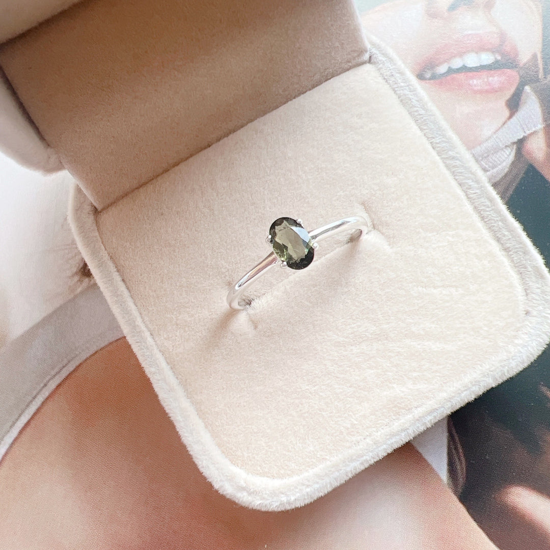 MOLDAVITE RING FACETED