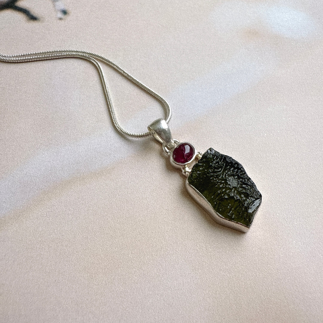 Moldavite & Pink Tourmaline Pendant