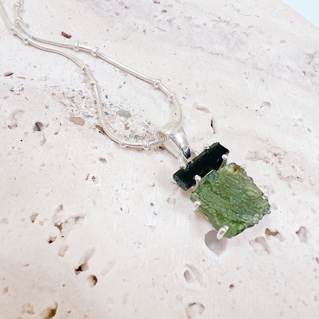 MOLDAVITE & BLACK TOURMALINE PENDANT