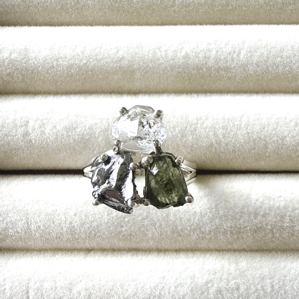 Moldavite, Herkimer Diamond & Meteorite Campo del Cielo Ring