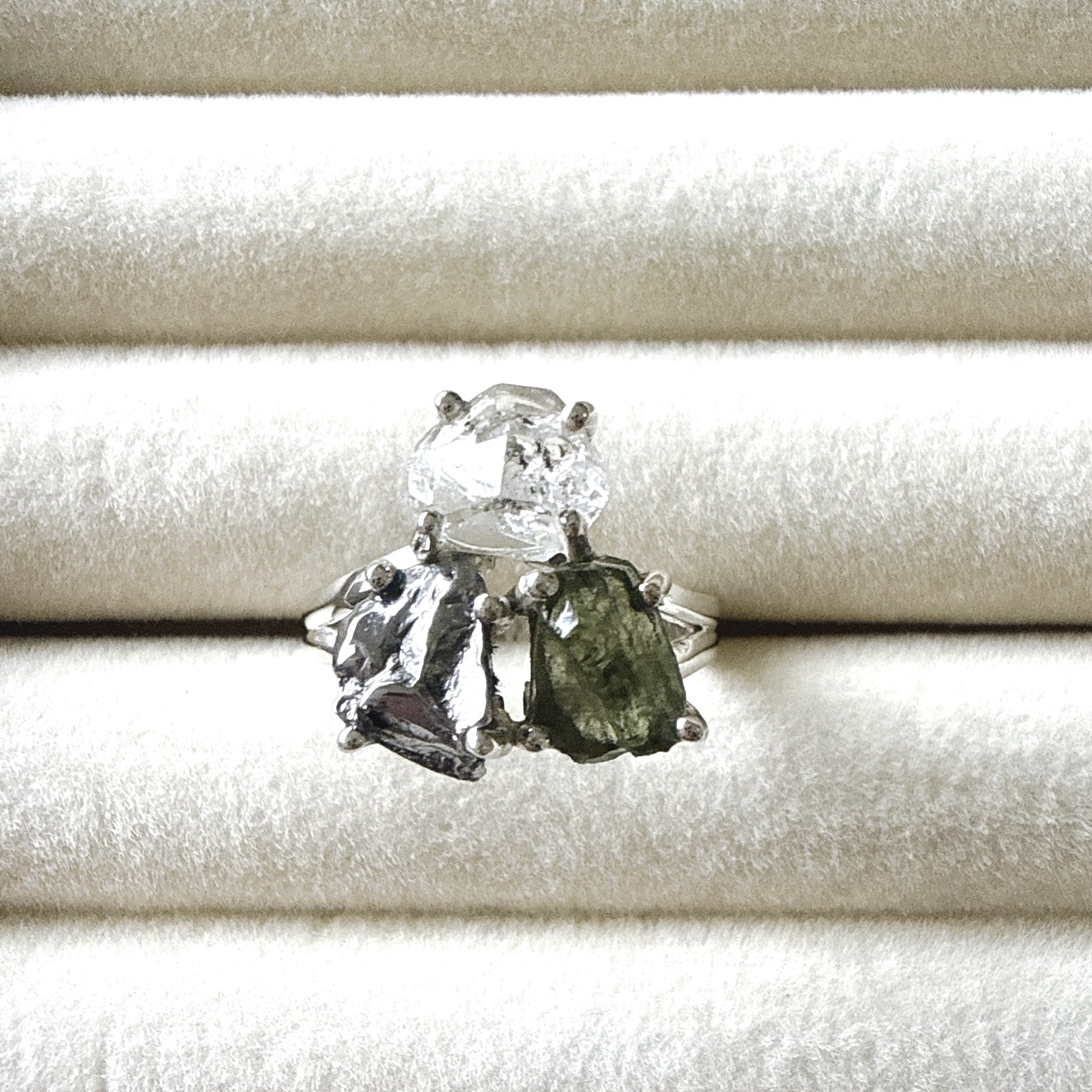 Moldavite, Herkimer Diamond & Meteorite Campo del Cielo Ring