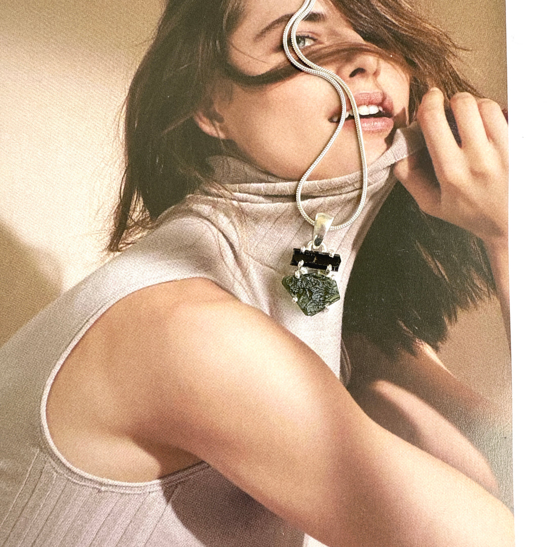 MOLDAVITE & BLACK TOURMALINE PENDANT