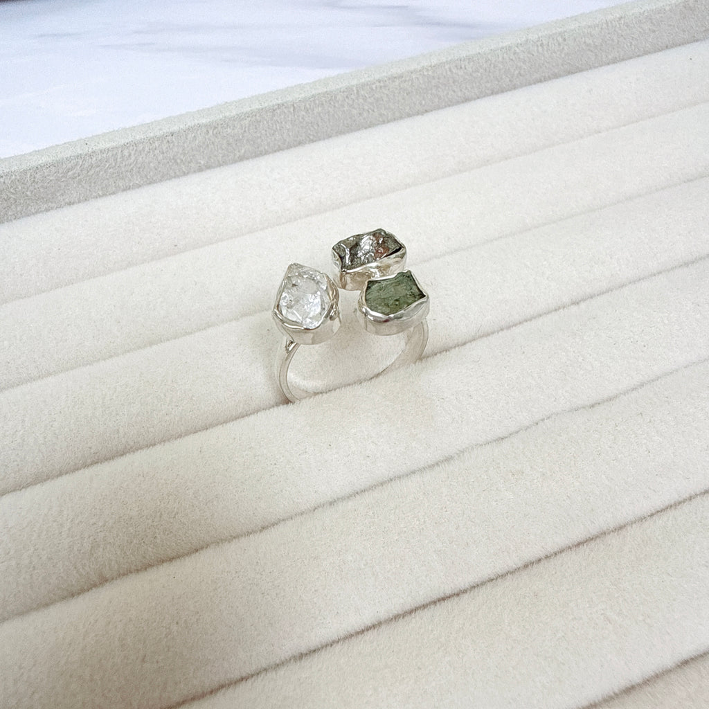 Moldavite, Herkimer Diamond & Meteorite Campo del Cielo Ring
