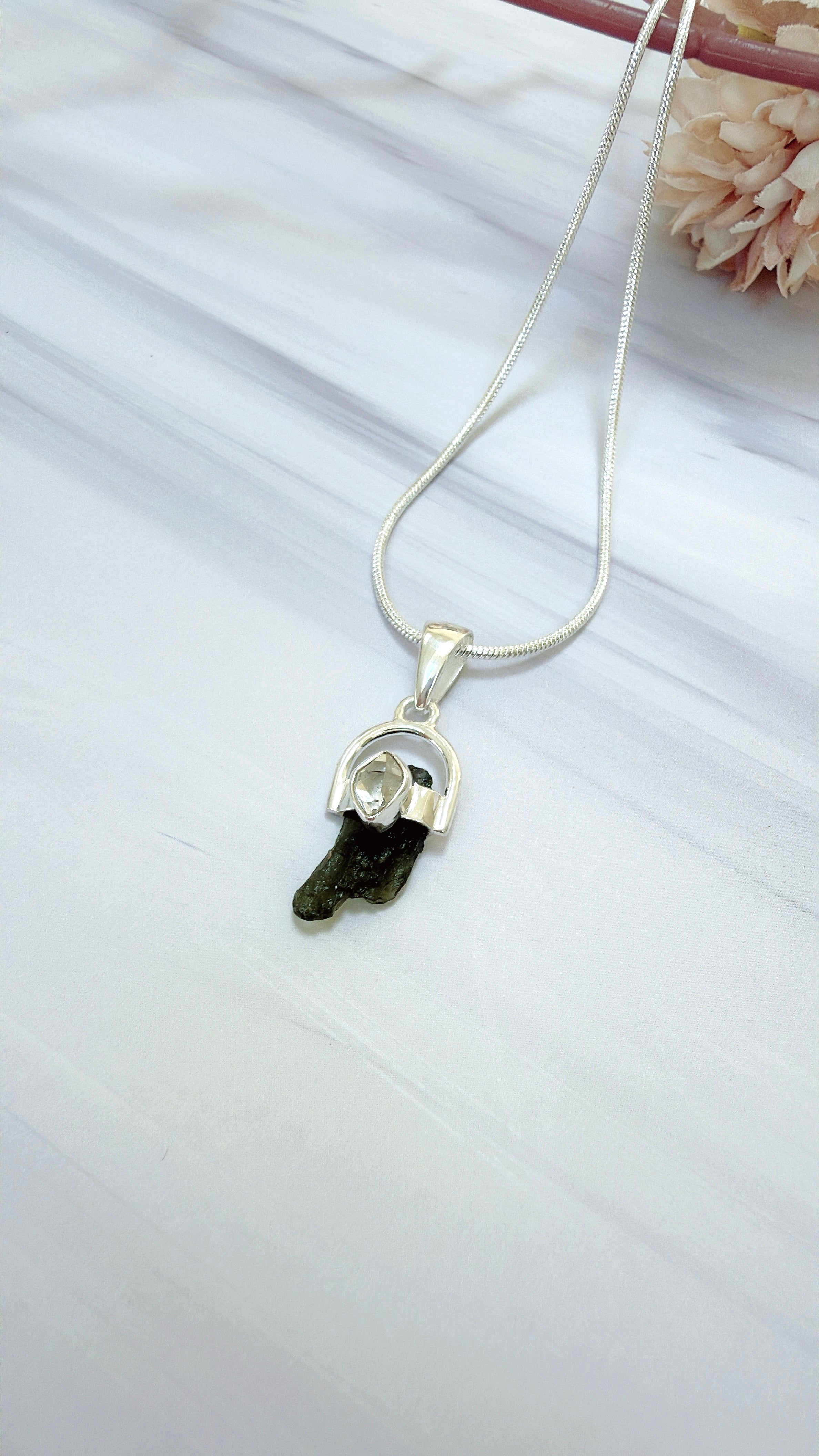 Moldavite with Herkimer Diamond Pendant