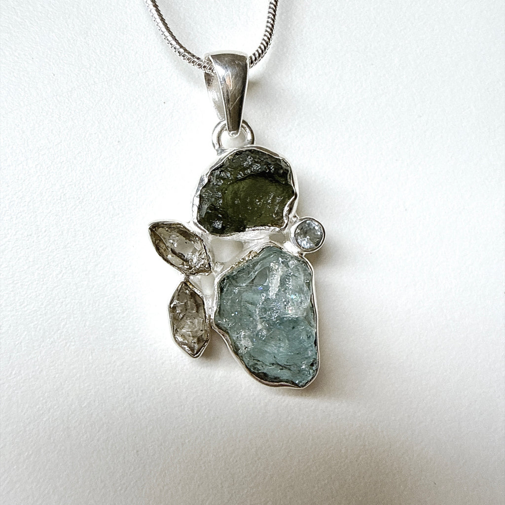 Moldavite, Aquamarine Rough, Herkimer Diamond & Blue Topaz Pendant