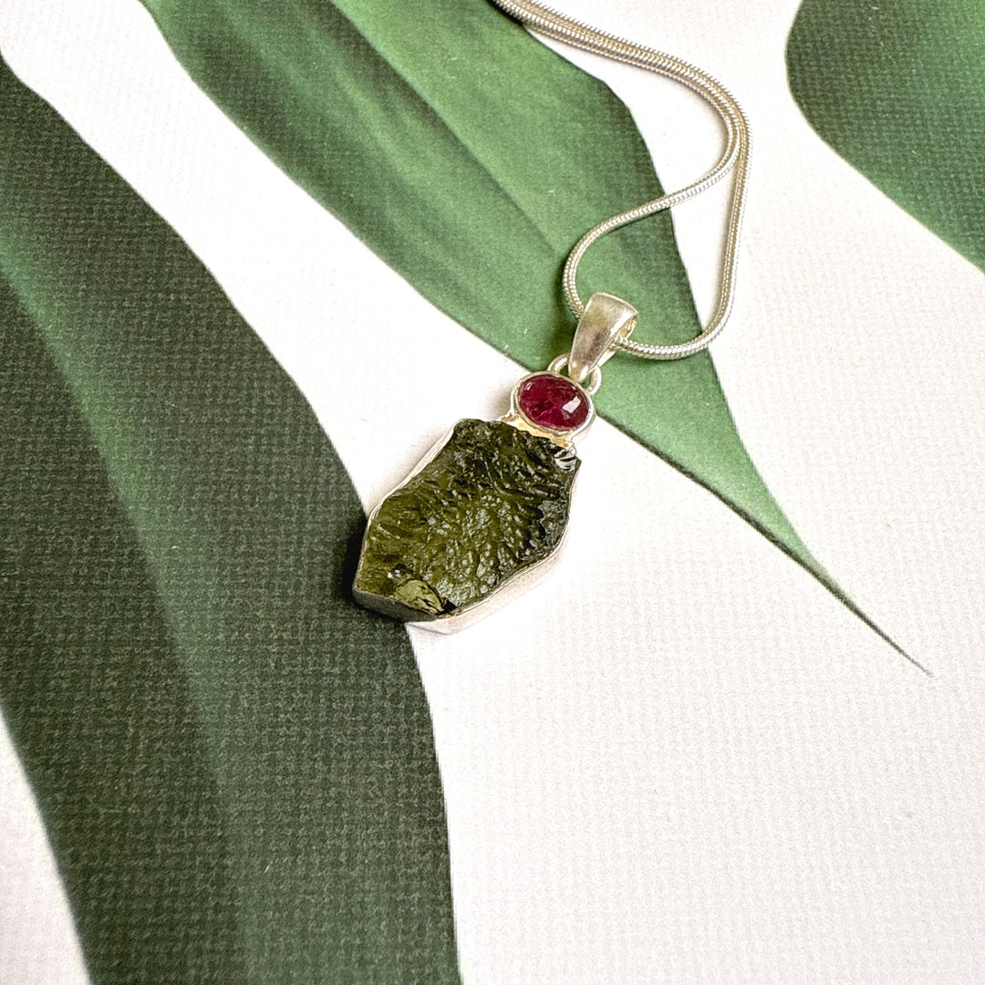 Moldavite & Pink Tourmaline Pendant