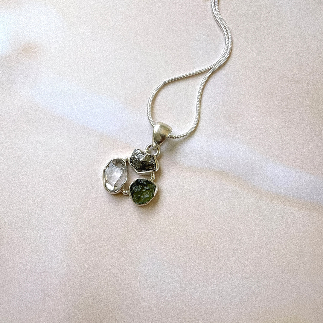 Moldavite, Herkimer Diamond & Campo del Cielo Meteorite Pendant