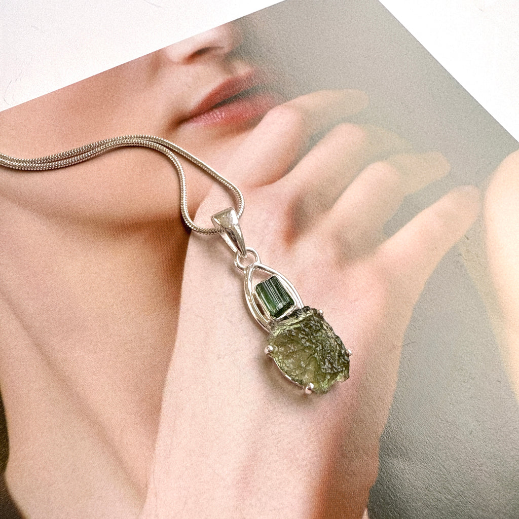 Moldavite & Green Tourmaline Pendant