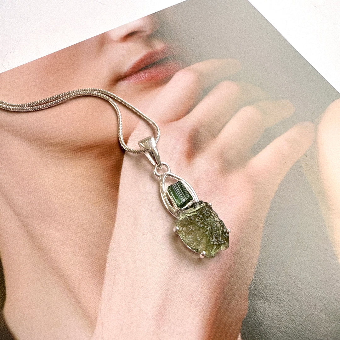 Moldavite & Green Tourmaline Pendant