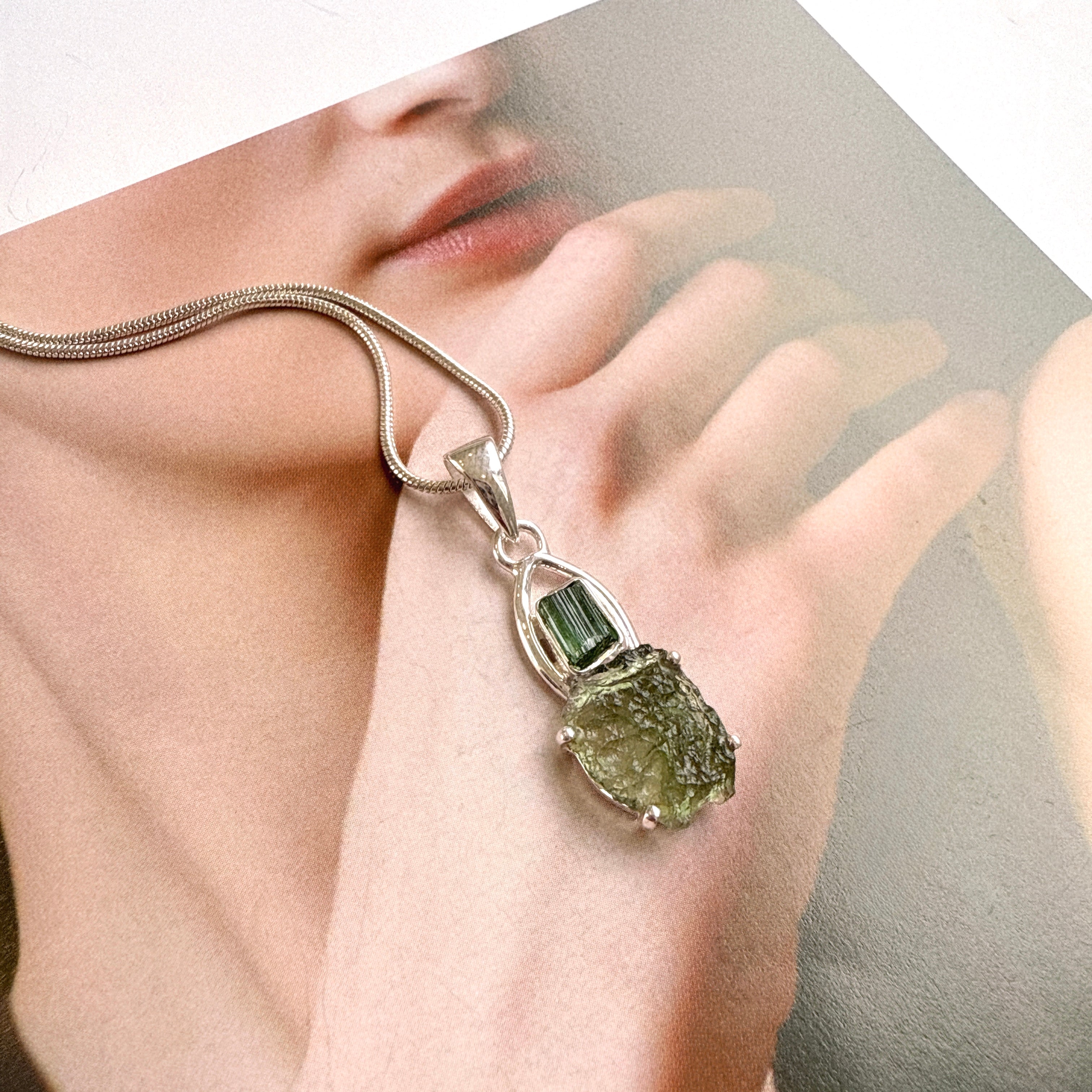 Moldavite & Green Tourmaline Pendant