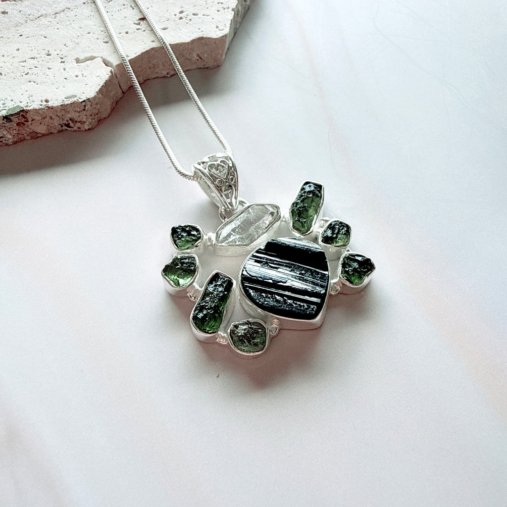 Designer – Moldavite, Black Tourmaline & Herkimer Diamond Pendant