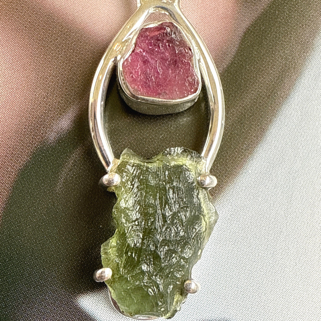 Moldavite & Pink Tourmaline Pendant