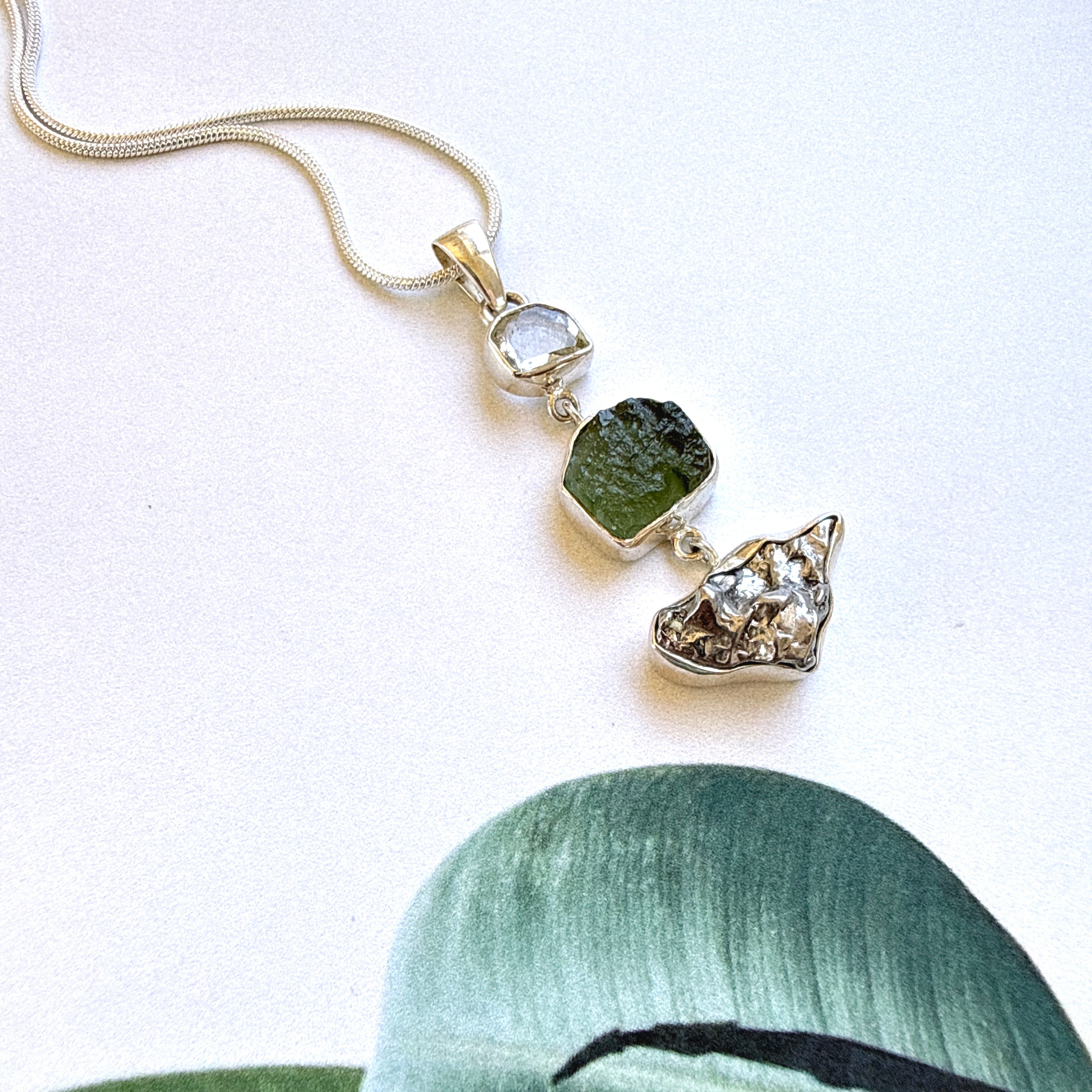 Moldavite, Herkimer Diamond & Campo del Cielo Meteorite Pendant