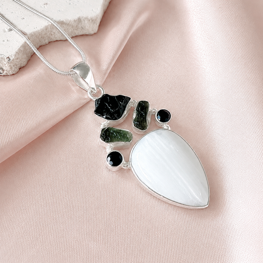 Designer – Scolecite, Moldavite, Shungite & Black Onyx Faceted Pendant
