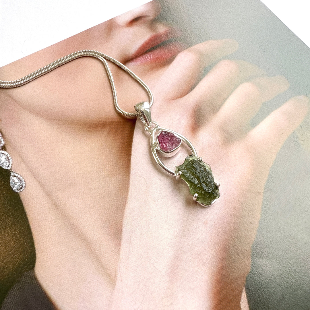 Moldavite & Pink Tourmaline Pendant