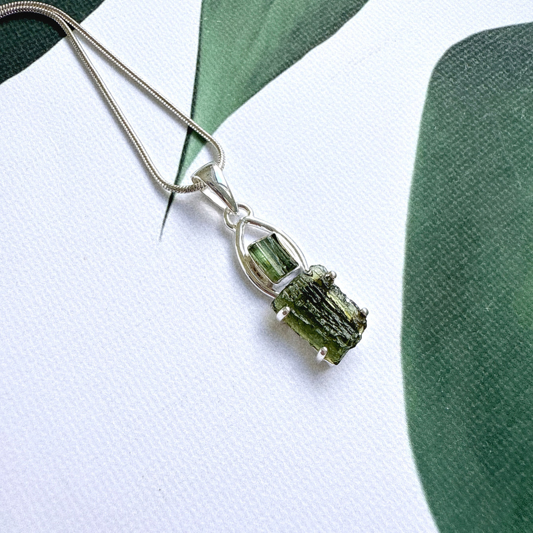 Moldavite & Green Tourmaline Pendant