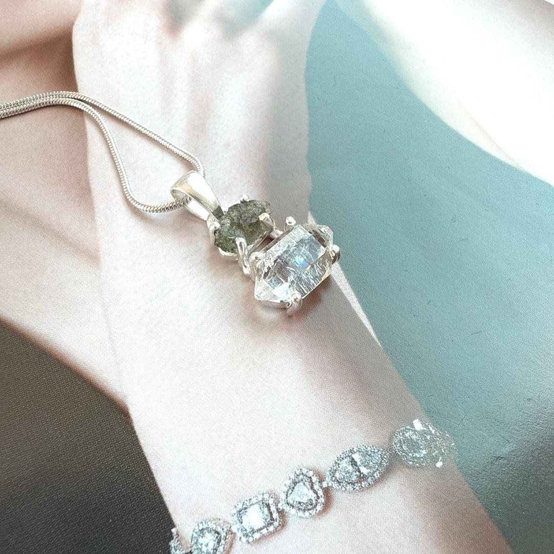 MOLDAVITE & HERKEMIER DIAMOND PENDANT