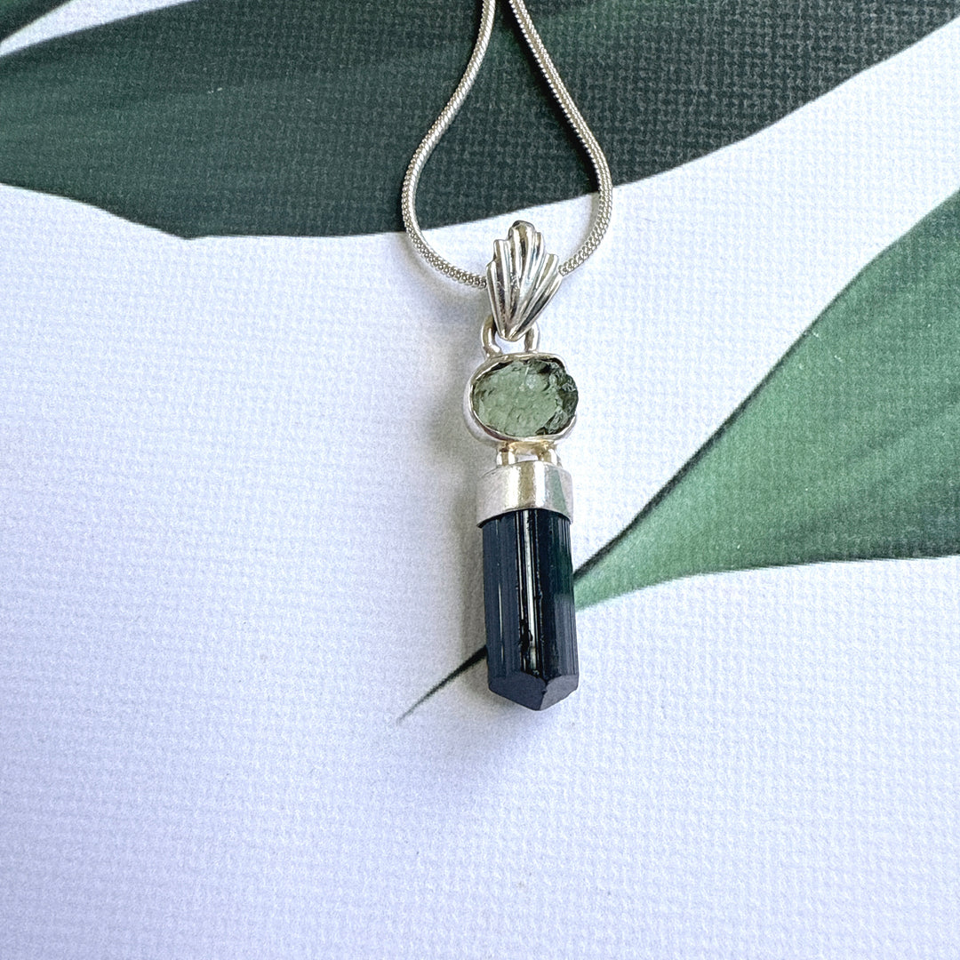 MOLDAVITE & BLACK TOURMALINE PENDANT