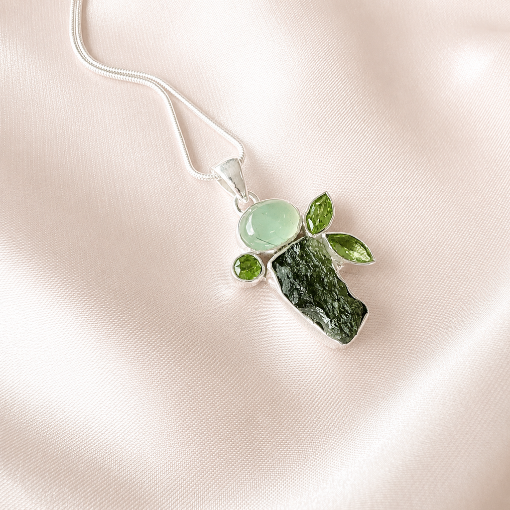 Designer – Moldavite, Prehnite & Peridot Faceted Pendant