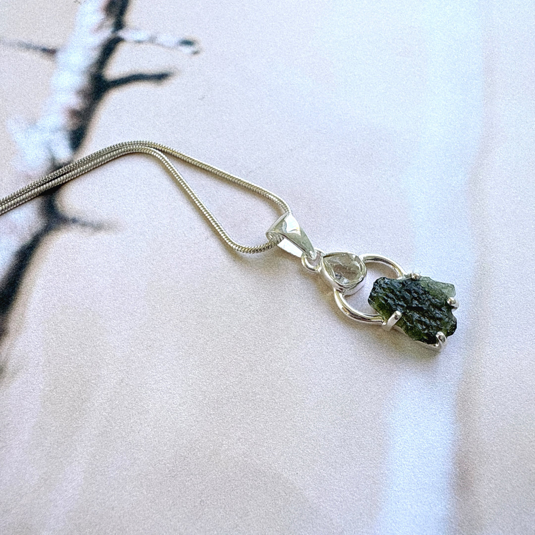 Moldavite & Herkimer Pendant