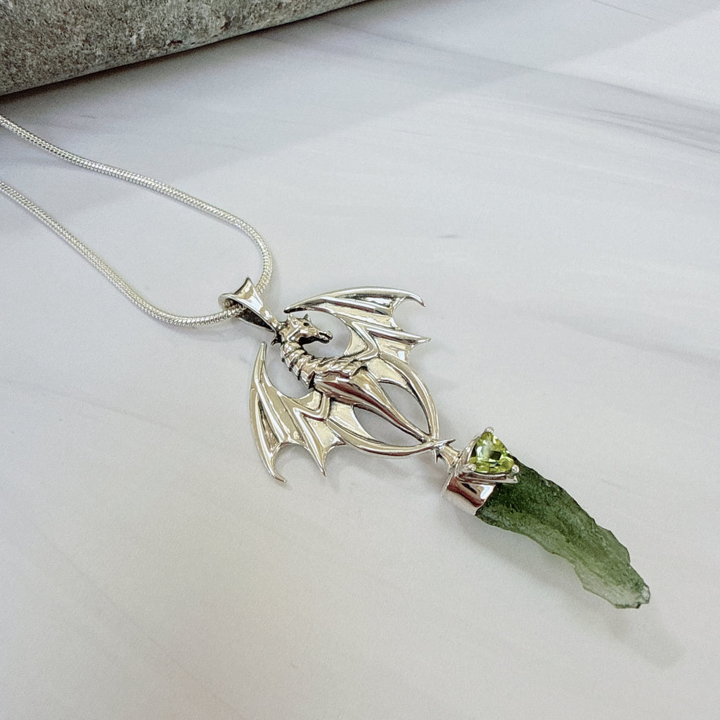 Dragon, Moldavite & Peridot Faceted Pendant