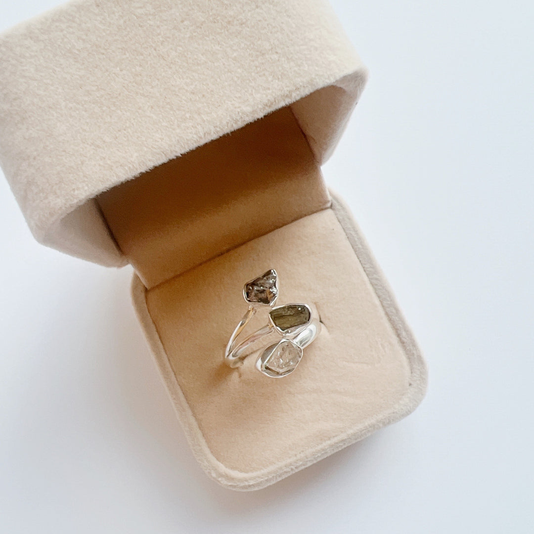 MOLDAVITE, HERKIMER DIAMOND & CAMPO DEL CIELO RING
