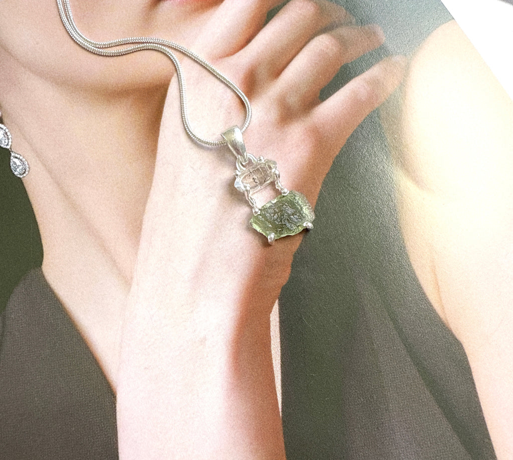 MOLDAVITE & HERKEMIER DIAMOND PENDANT