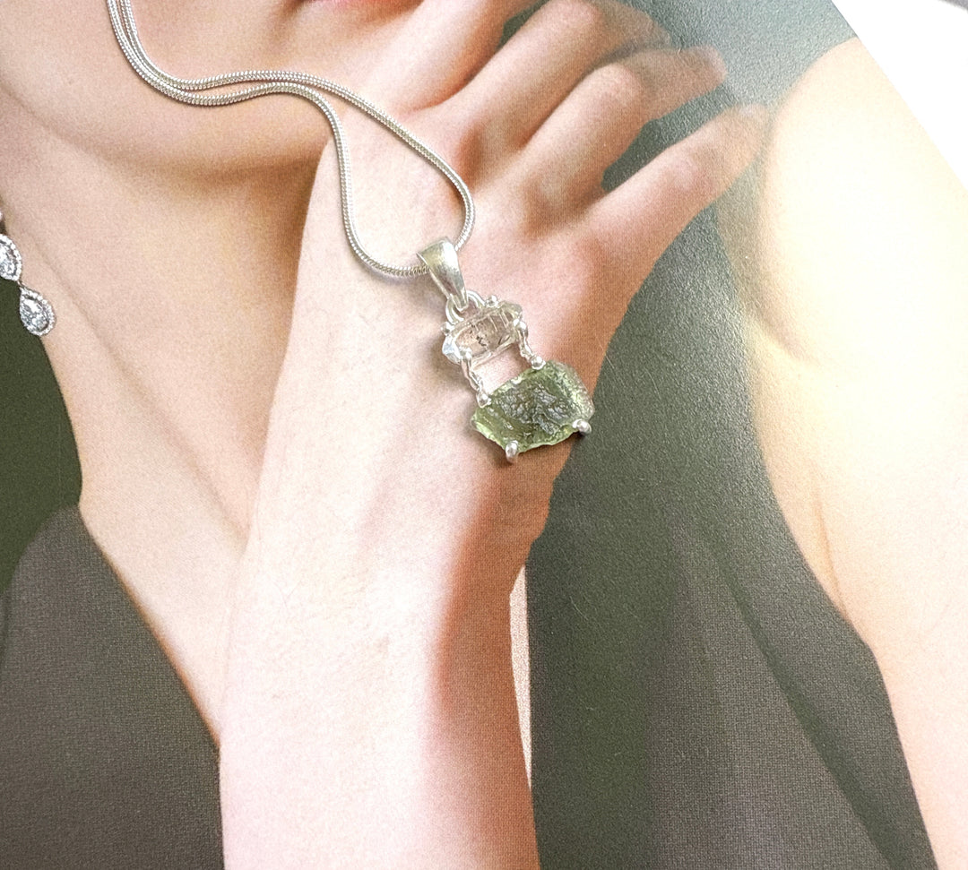 MOLDAVITE & HERKEMIER DIAMOND PENDANT