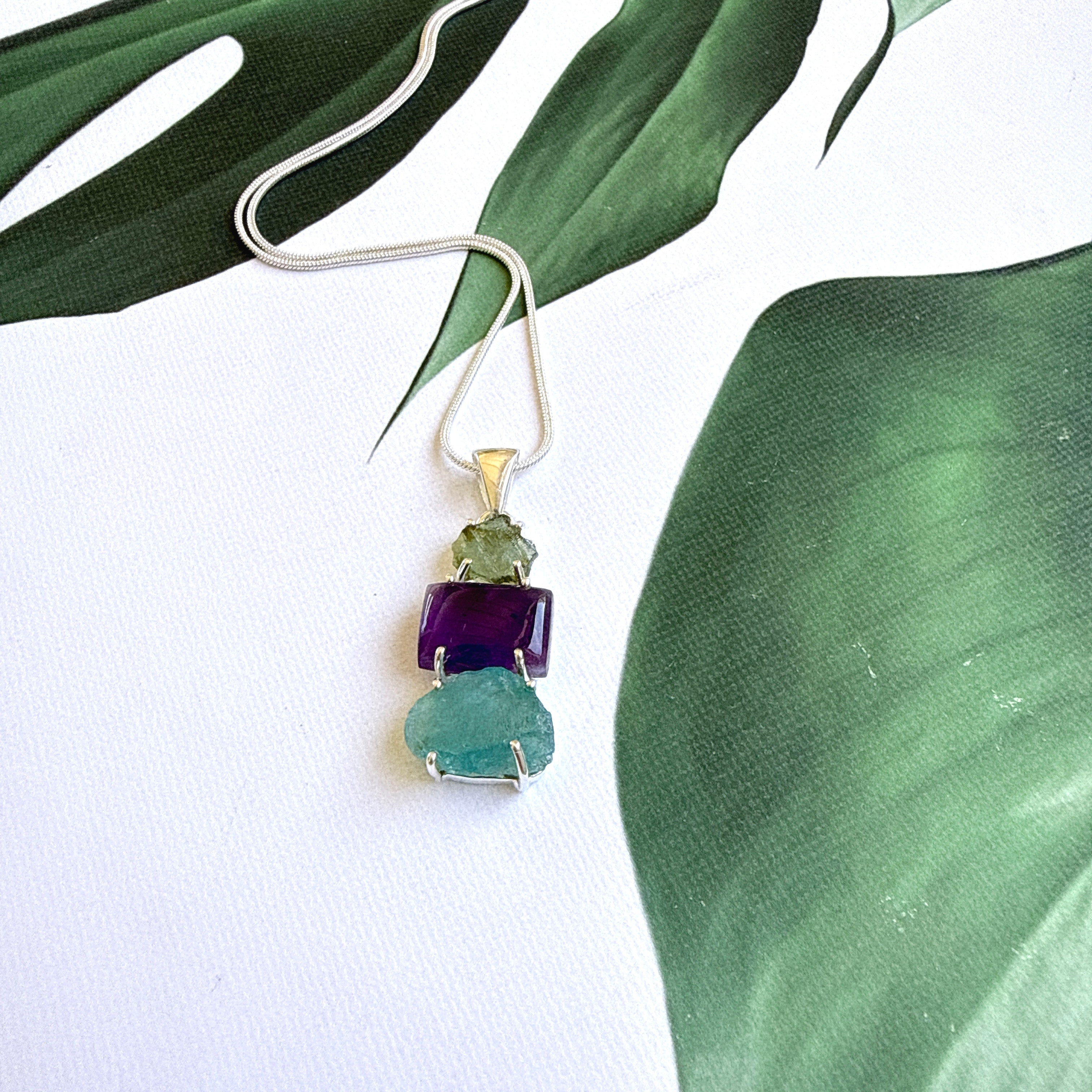 Moldavite, Amethyst & Neon Blue Apatite Pendant