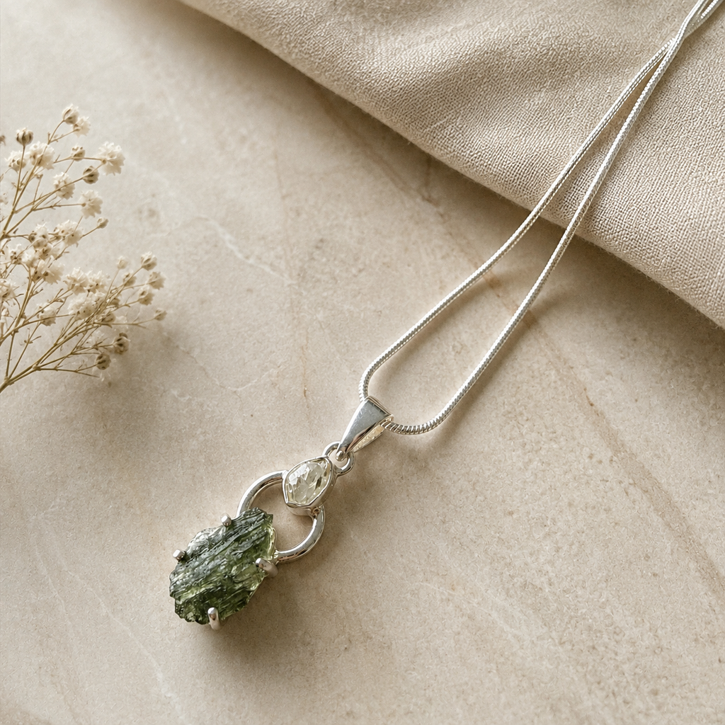 Moldavite with Herkimer Diamond Pendant