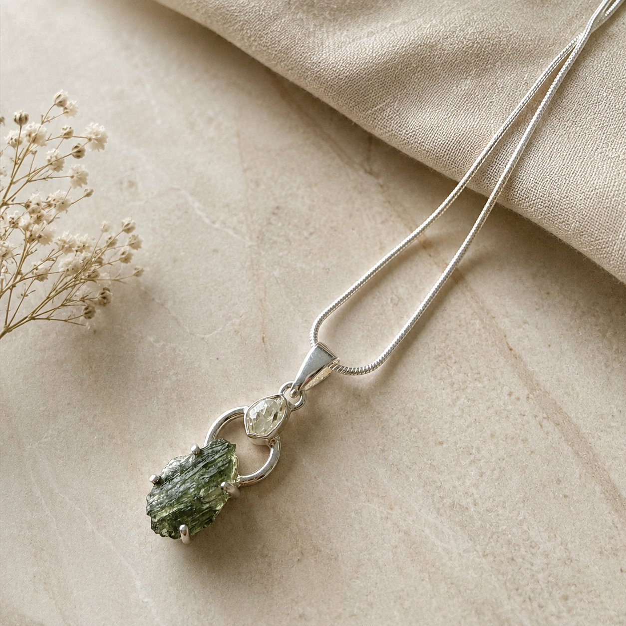 Moldavite with Herkimer Diamond Pendant