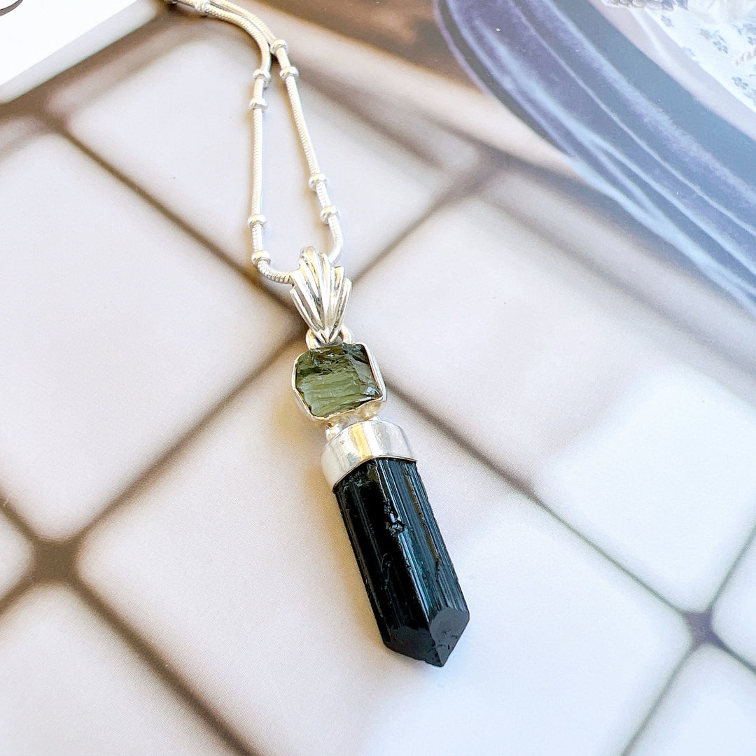 MOLDAVITE & BLACK TOURMALINE PENDANT
