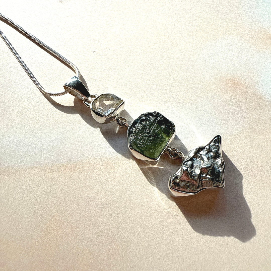 Moldavite, Herkimer Diamond & Campo del Cielo Meteorite Pendant