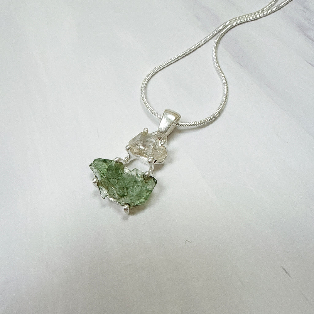 MOLDAVITE & HERKEMIER DIAMOND PENDANT