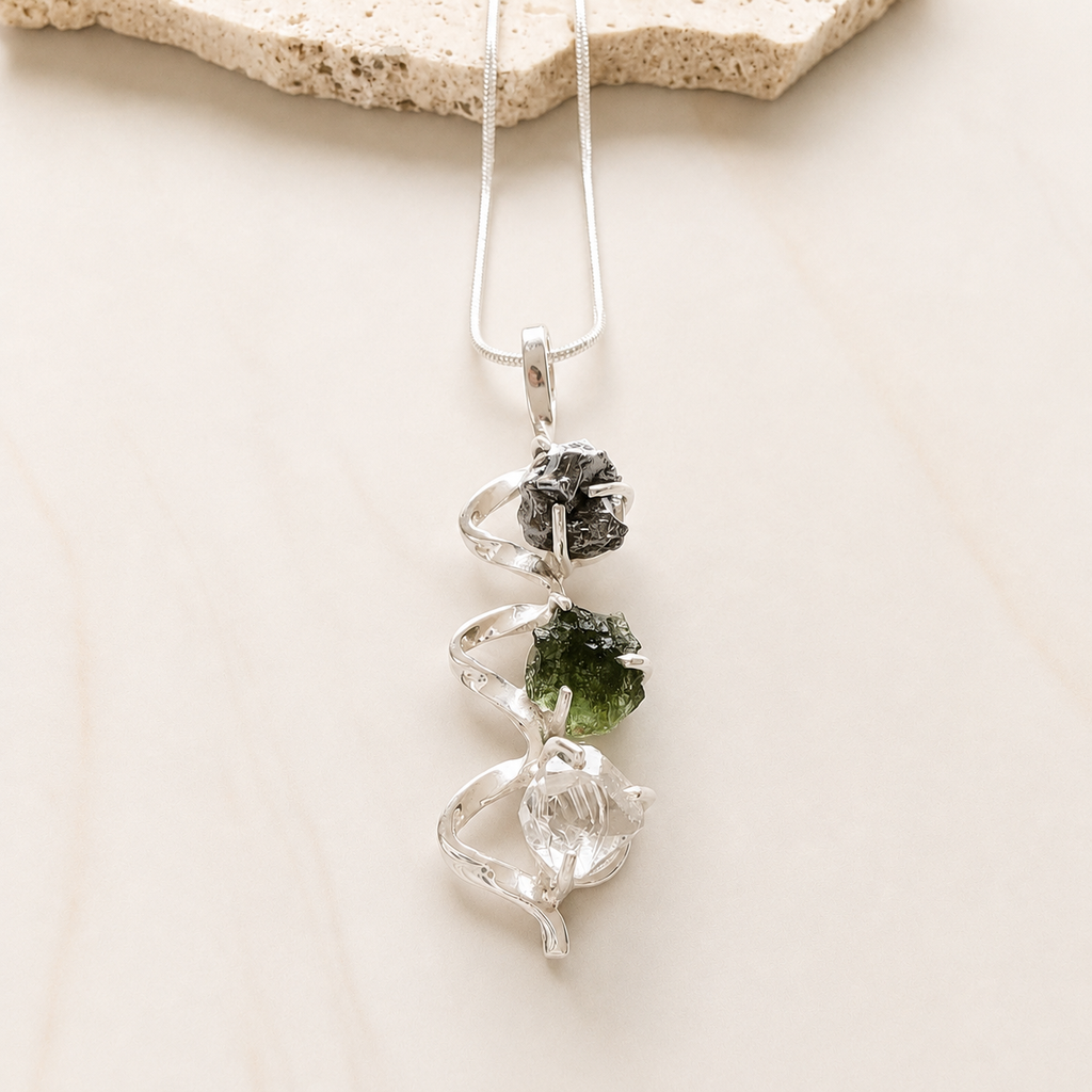Moldavite, Herkimer Diamond & Campo del Cielo Meteorite Pendant