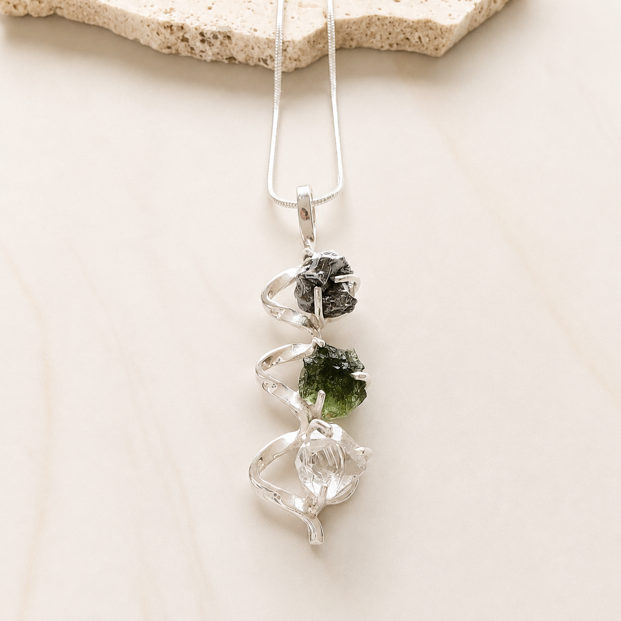 Moldavite, Herkimer Diamond & Campo del Cielo Meteorite Pendant