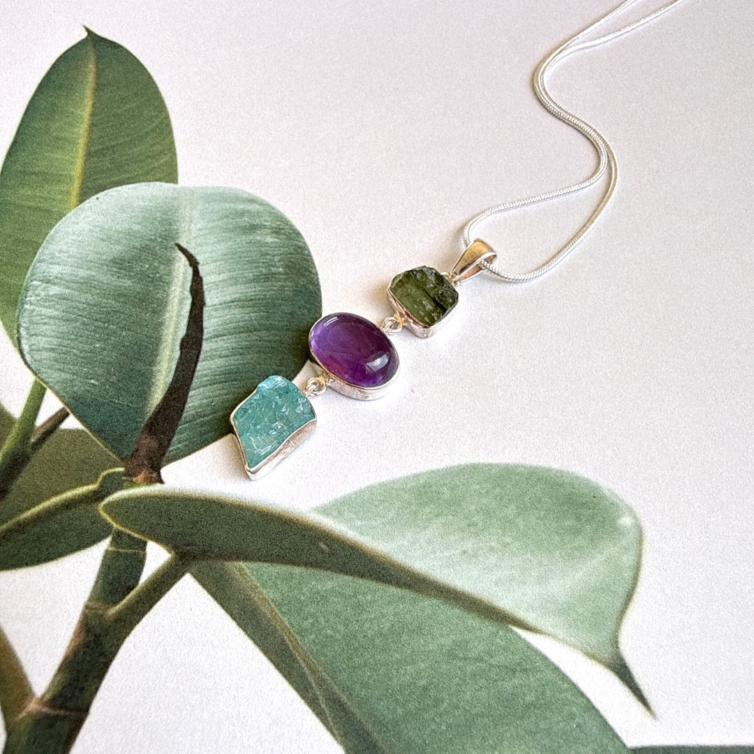 Moldavite, Amethyst & Neon Blue Apatite Pendant