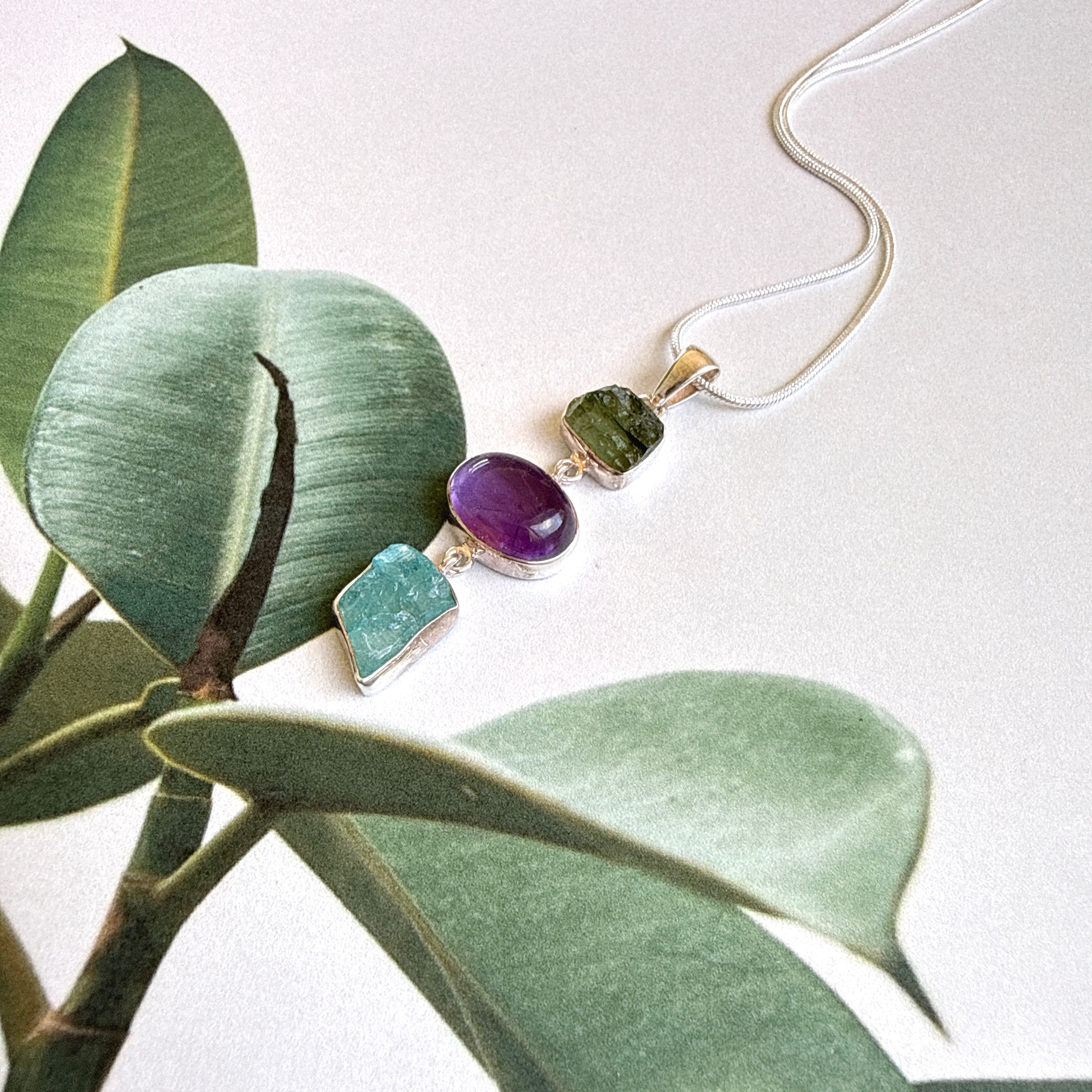 Moldavite, Amethyst & Neon Blue Apatite Pendant