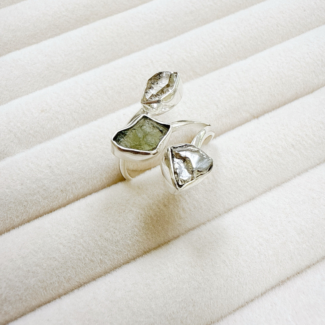 MOLDAVITE, HERKIMER DIAMOND & CAMPO DEL CIELO RING