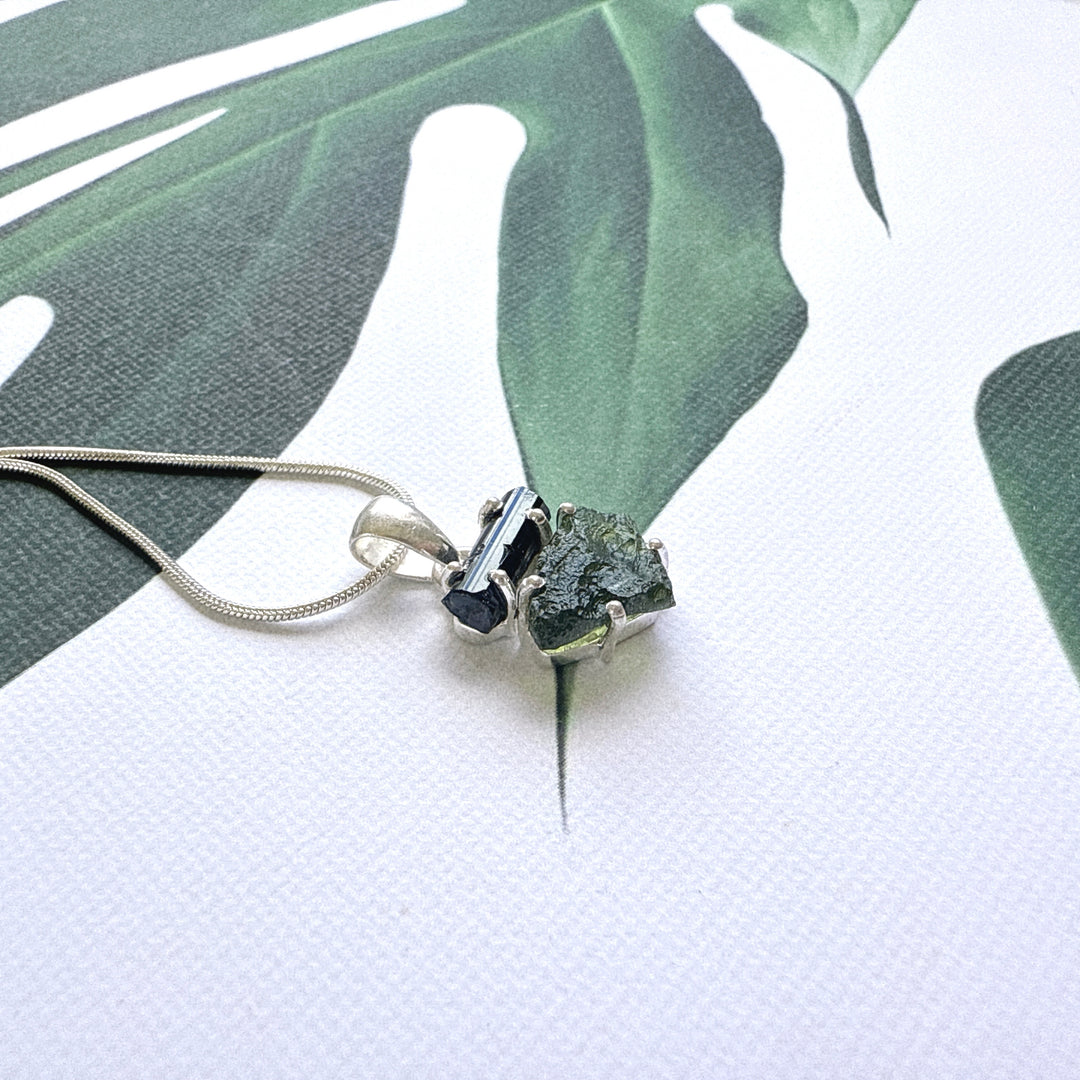 MOLDAVITE & BLACK TOURMALINE PENDANT