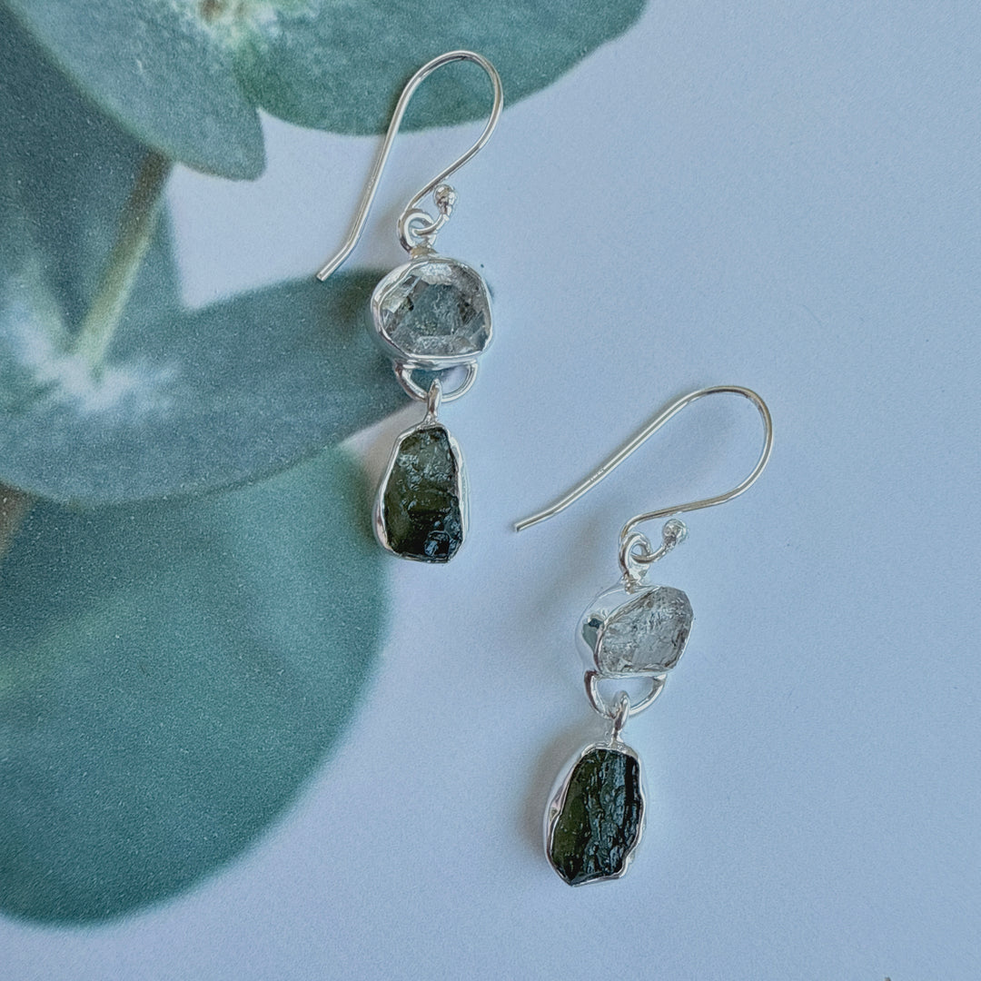 Moldavite & Herkemir Diamond Earrings