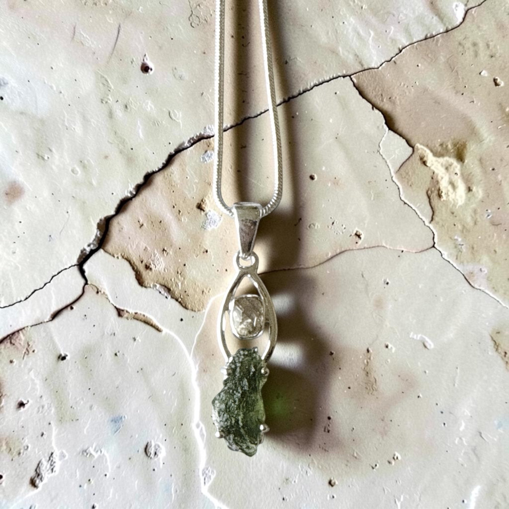 Moldavite with Herkimer Diamond Pendant