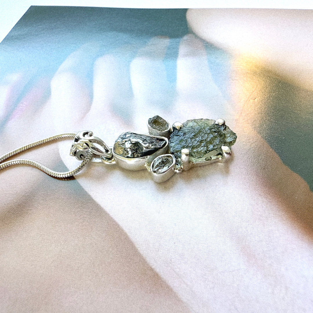 MOLDAVITE, HERKIMER DIAMOND, METEORITE CAMPO DEL CIELO PENDANT