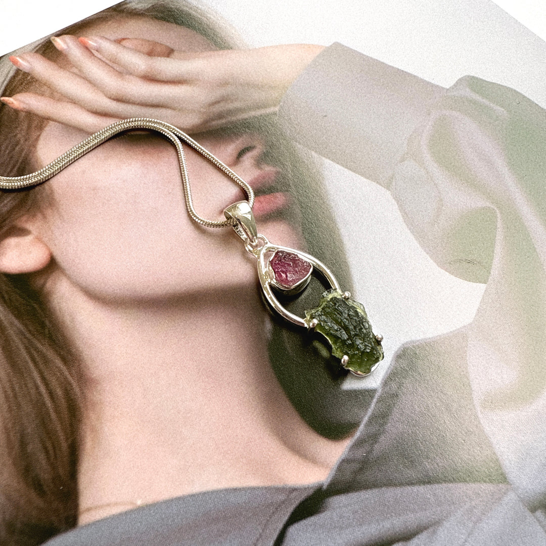 Moldavite & Pink Tourmaline Pendant
