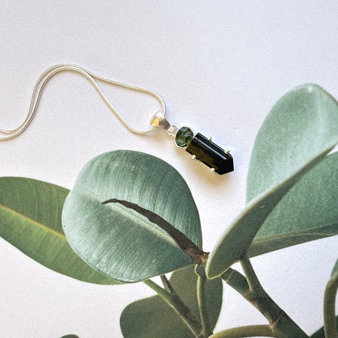 Moldavite & Black Tourmaline Pendant