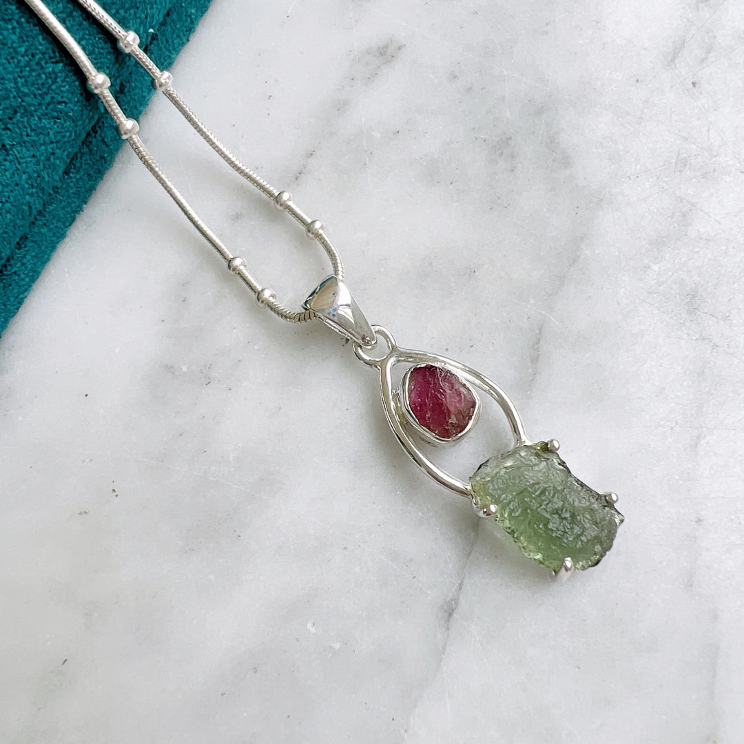 Moldavite & Pink Tourmaline Pendant
