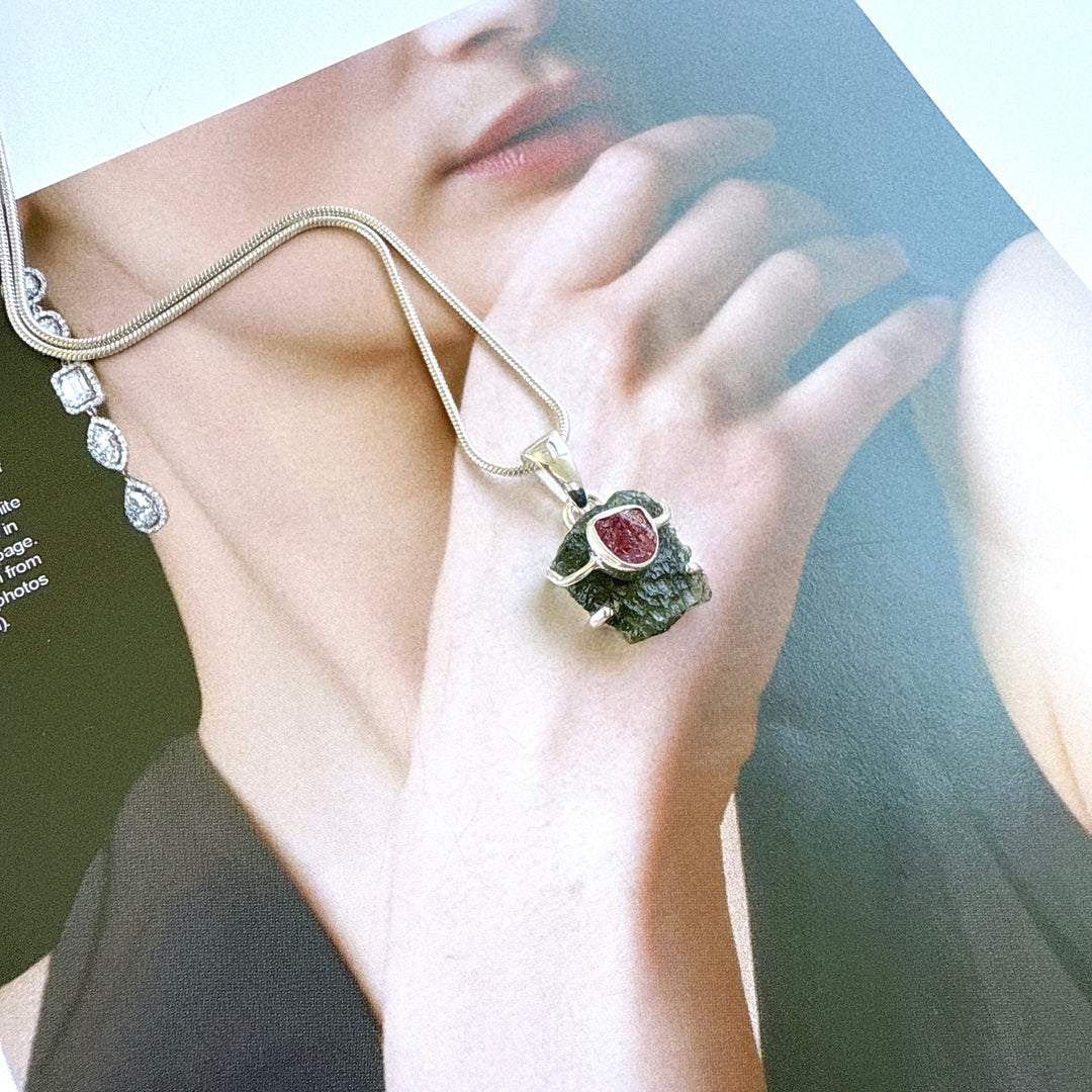 Moldavite & Pink Tourmaline Pendant